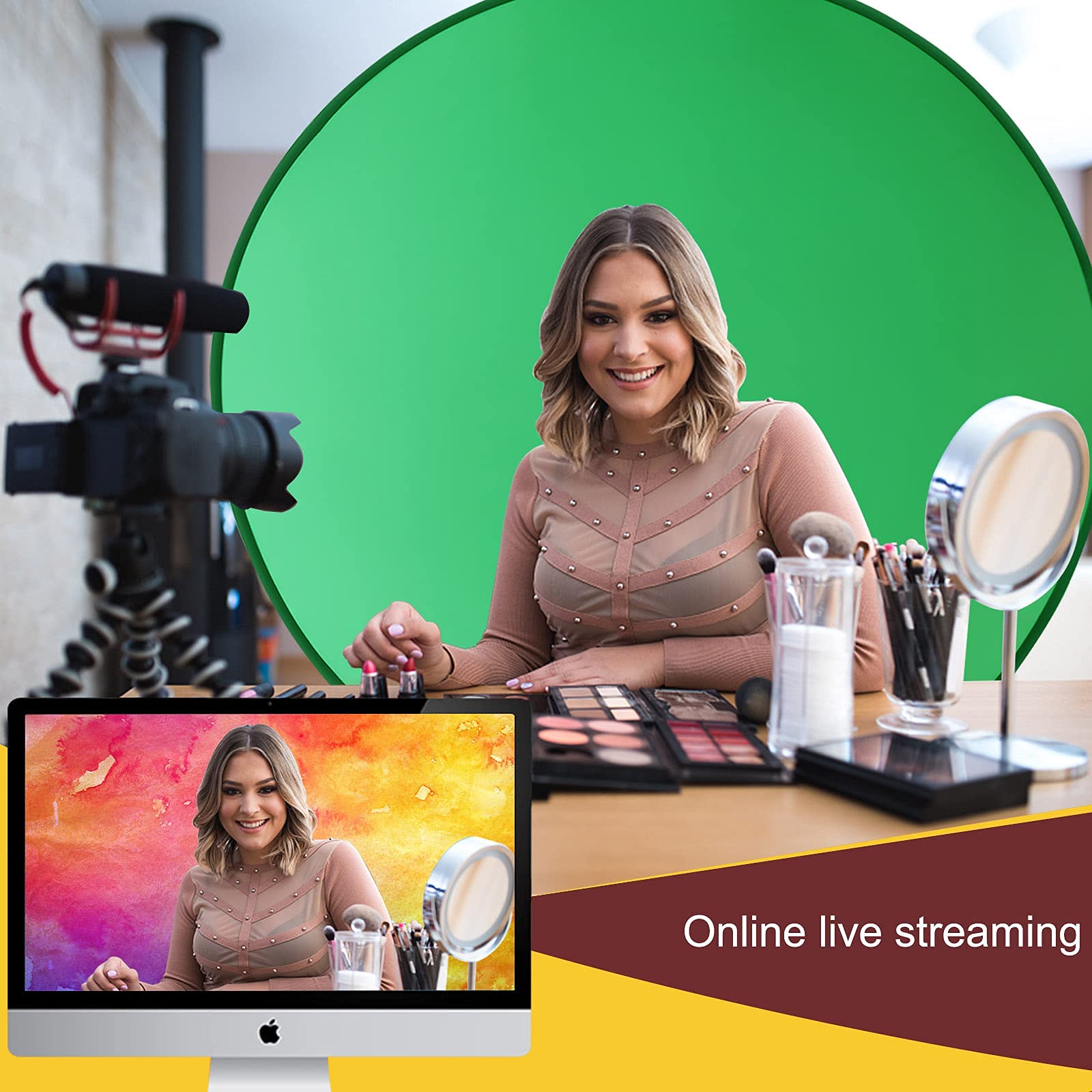 Coosbonfik Portable Green Screen Backdrop (56''), Collapsible Webcam Background, Green Screen For Chair, Chroma Key Green, For H